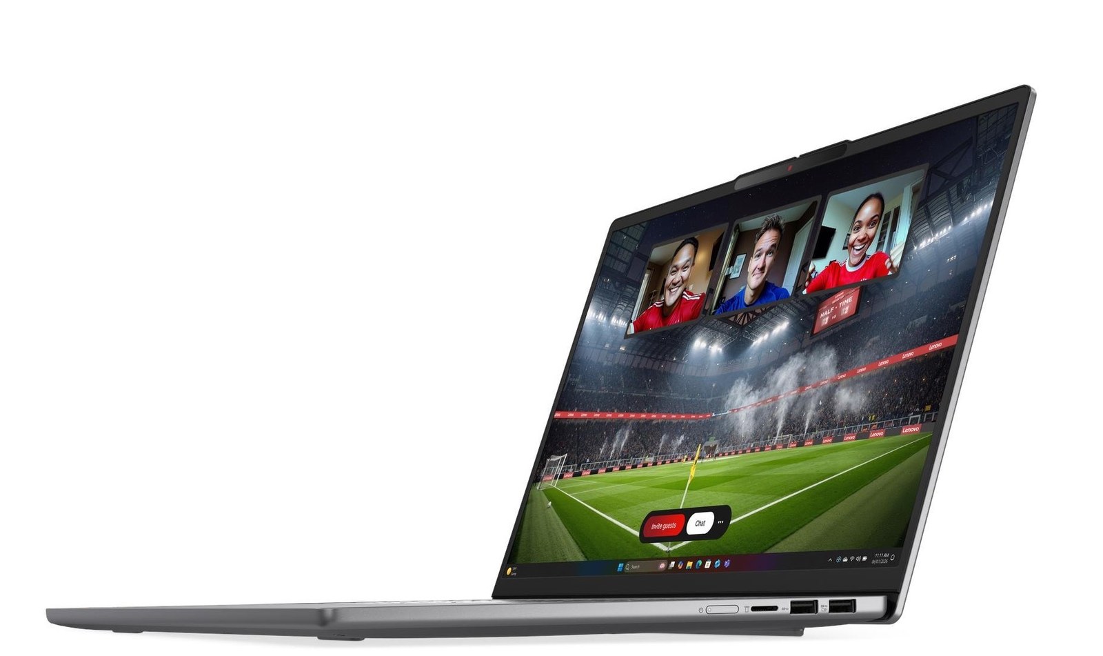 The 16-inch Lenovo IdeaPad Slim 5a in Luna Grey, open at an angle with a video call on screen