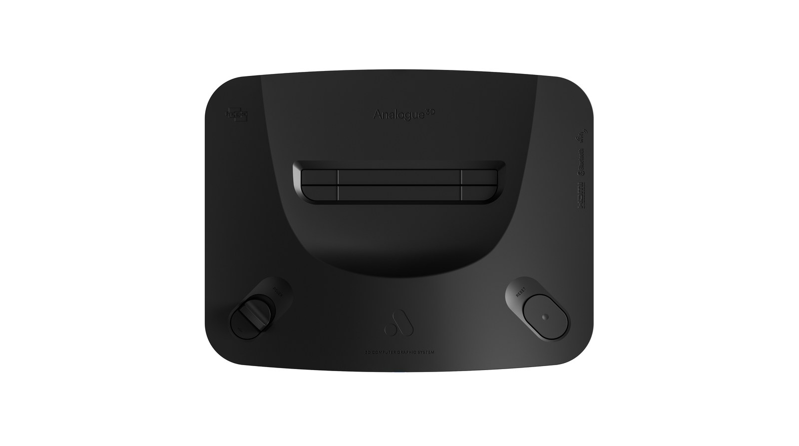 Top-down view of the black Analogue 3D console with its Nintendo 64 style cartridge slot and embossed Analogue 3D wordmark