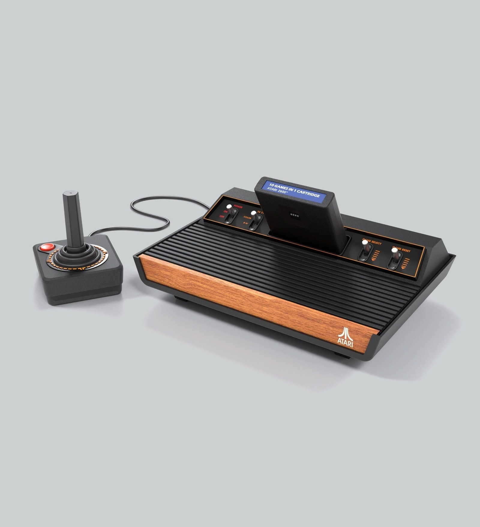 Atari 2600+ console in the classic woodgrain finish with CX40+ joystick and the included 10-in-1 cartridge inserted