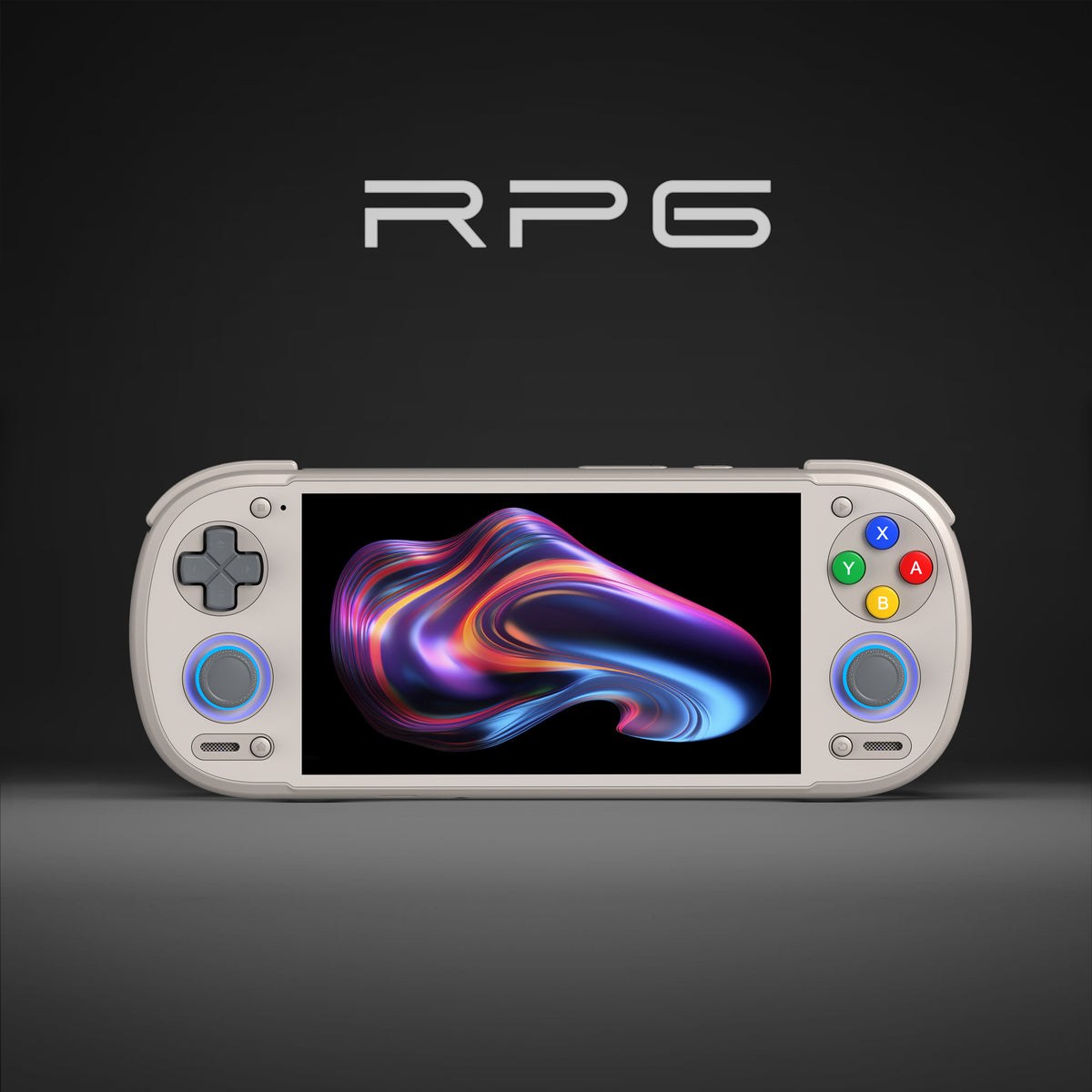 Retroid Pocket 6 handheld in cream white with its 5.5-inch widescreen display, analog sticks and RP6 branding