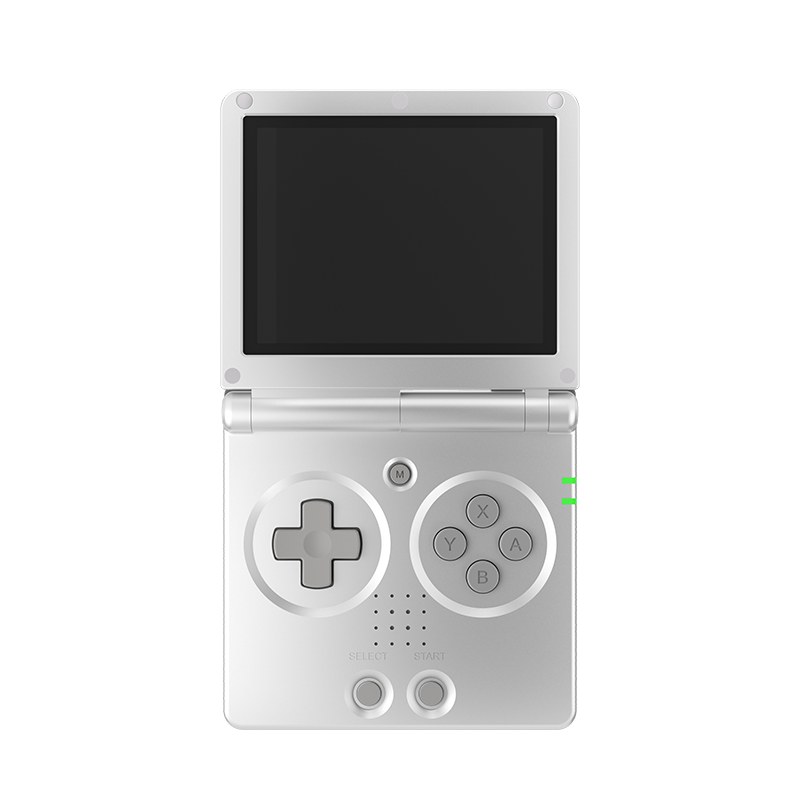 Anbernic RG35XXSP silver clamshell handheld open, showing its 3.5-inch screen and Game Boy Advance SP style controls