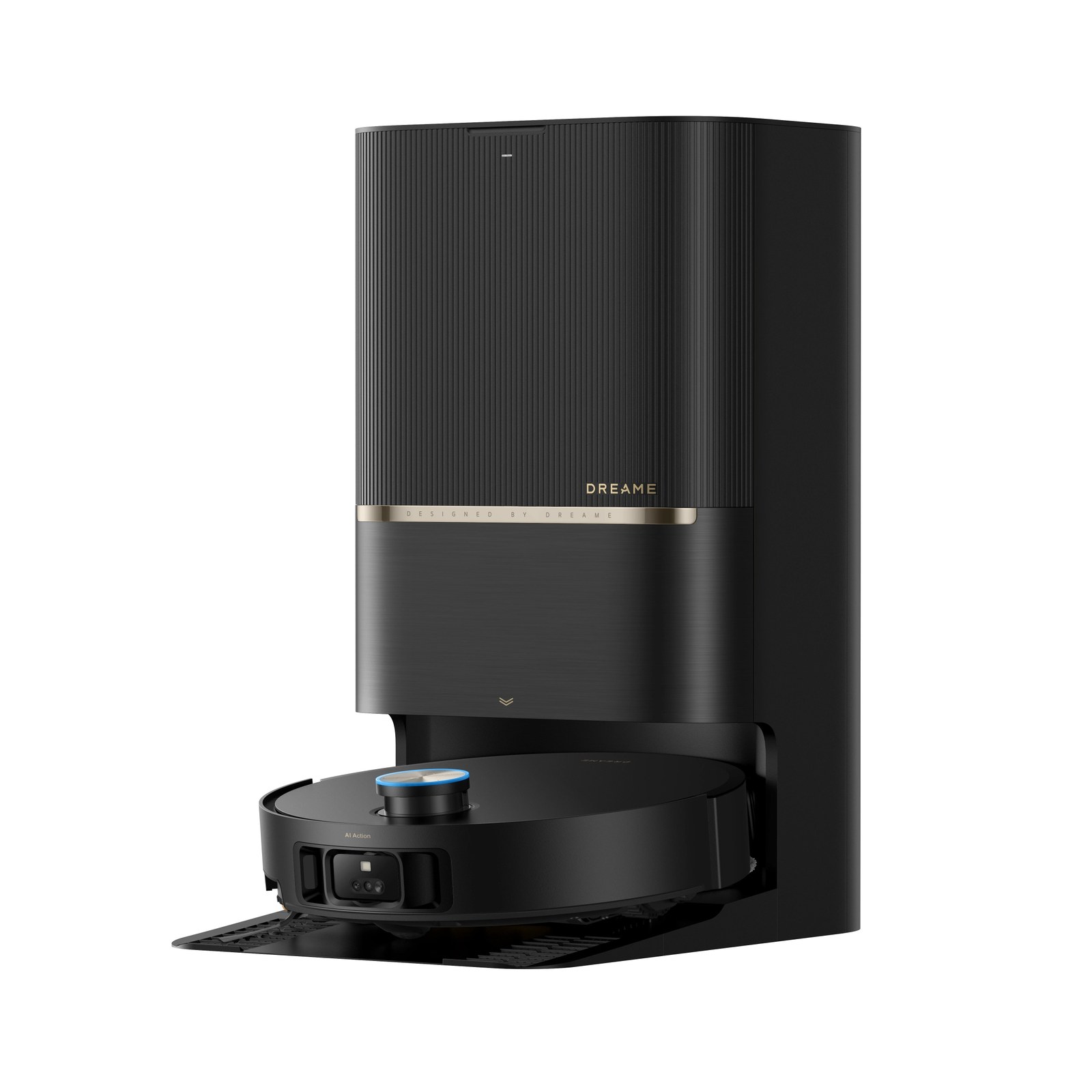 The Dreame L60 Pro Ultra robot vacuum in black with its all-in-one base station
