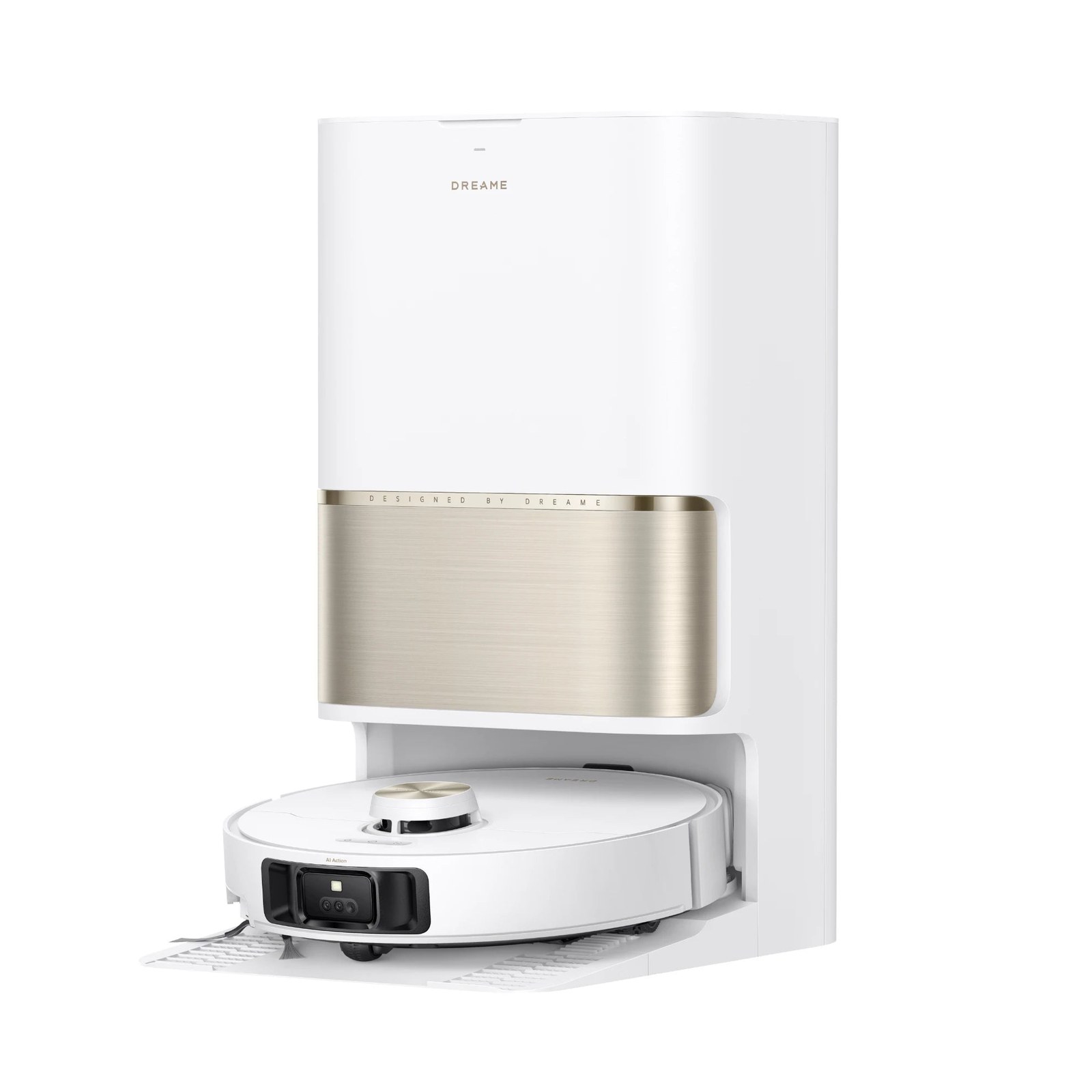 The Dreame L60 Ultra PE robot vacuum docked at its white and gold self-emptying station