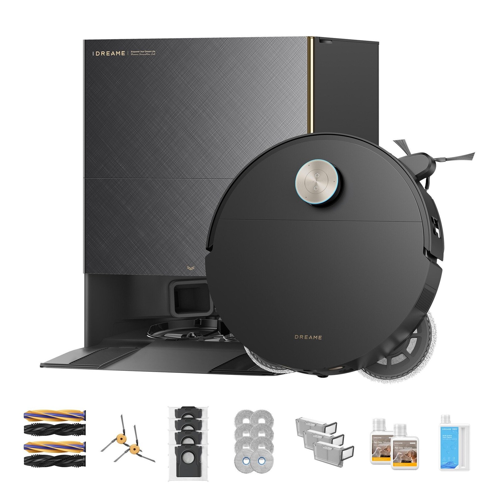 The Dreame X60 Max Ultra Complete robot vacuum in black, docked at its self-emptying station