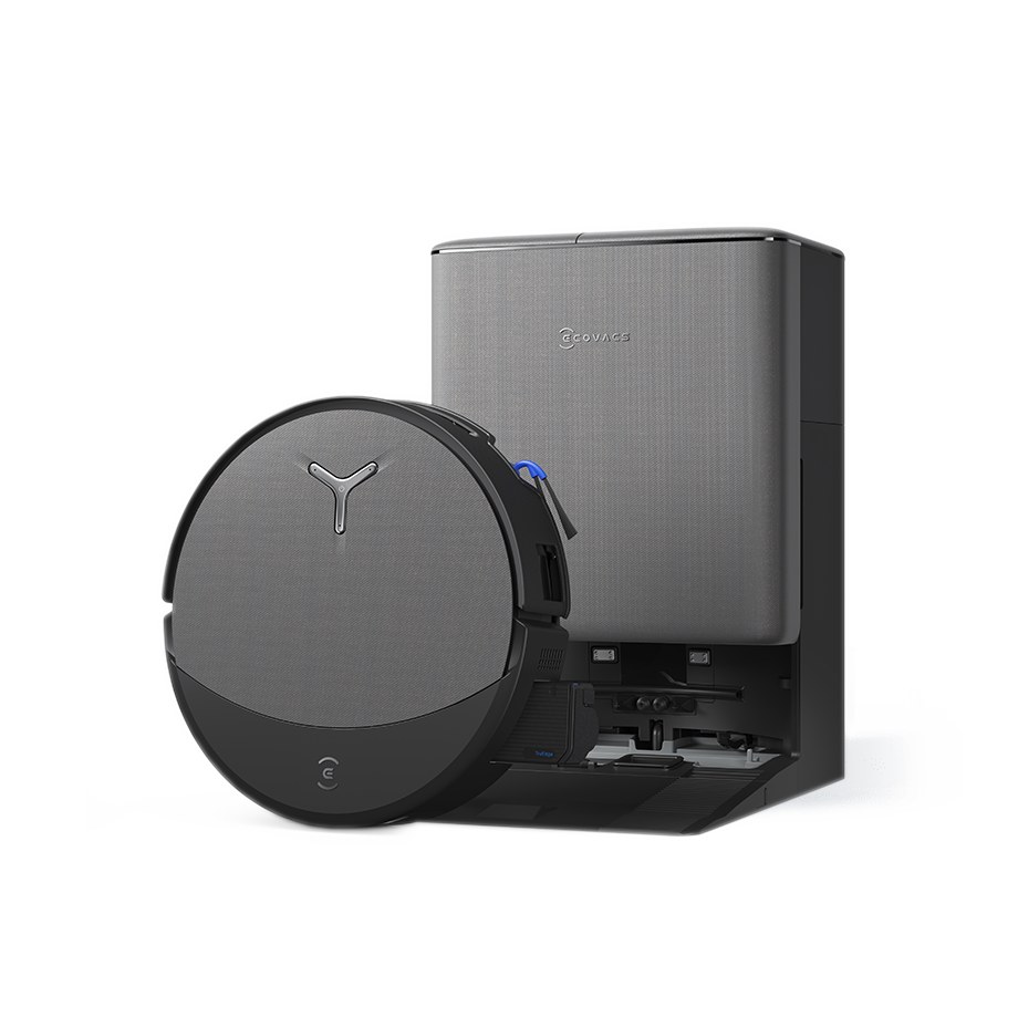 The Ecovacs Deebot T90 Pro Omni robot vacuum leaning against its dark gray Omni station