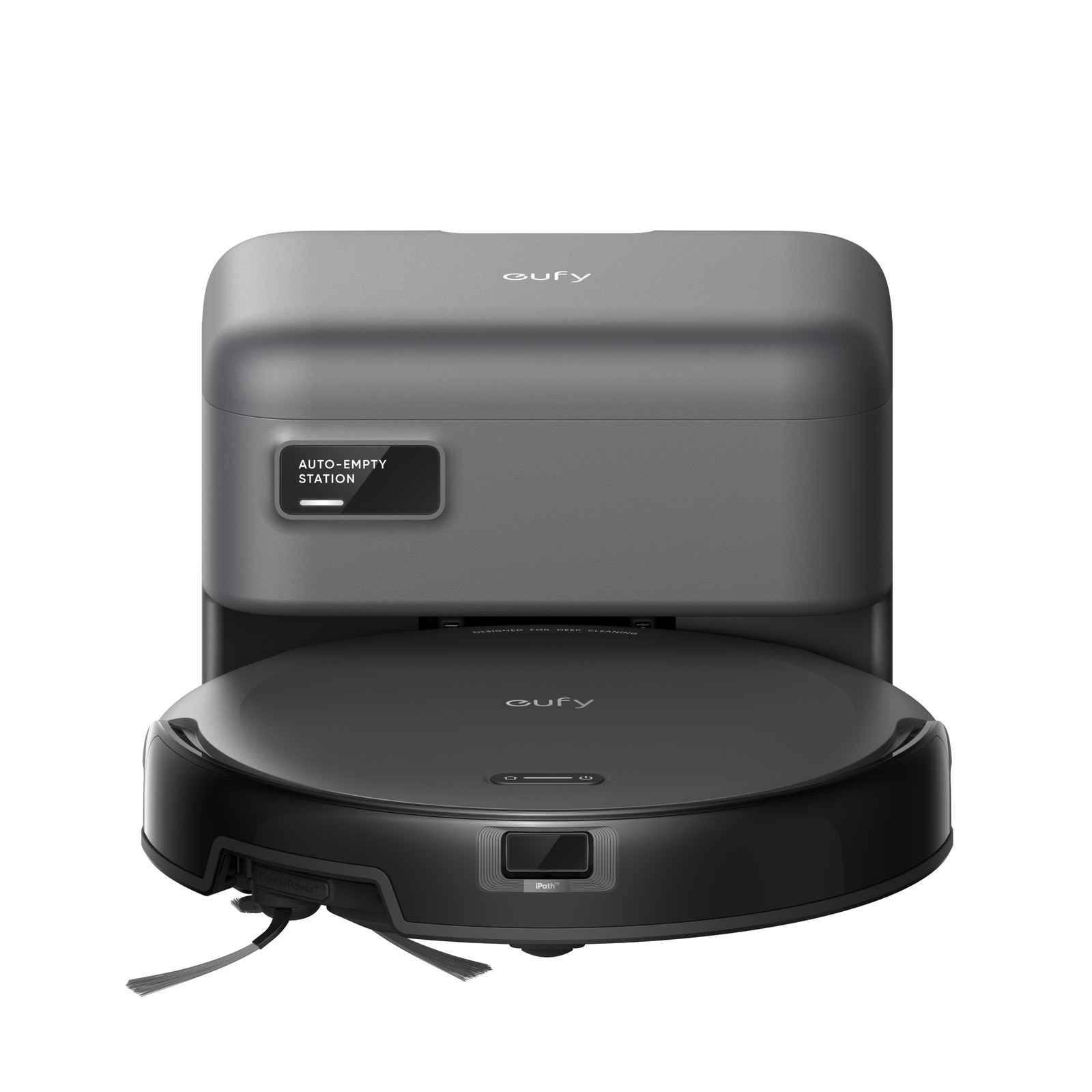 The eufy C10 robot vacuum with its compact gray auto-empty station