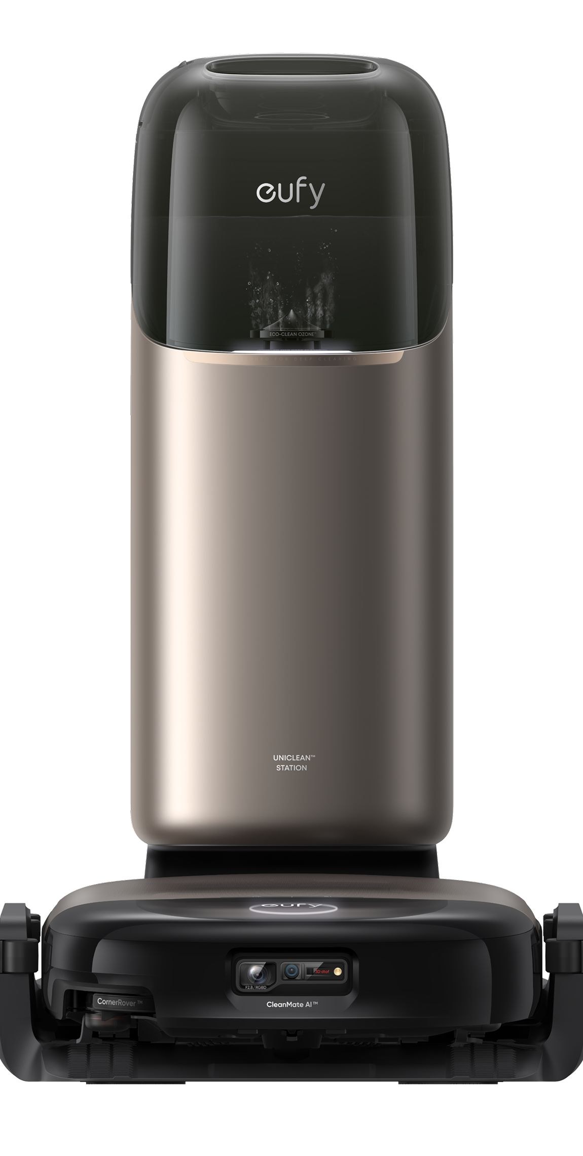 The eufy Omni S2 robot vacuum docked under its tall cylindrical UniClean station