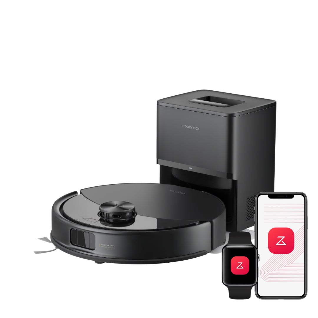 The black Roborock Q10 S5+ robot vacuum in front of its auto-empty dock