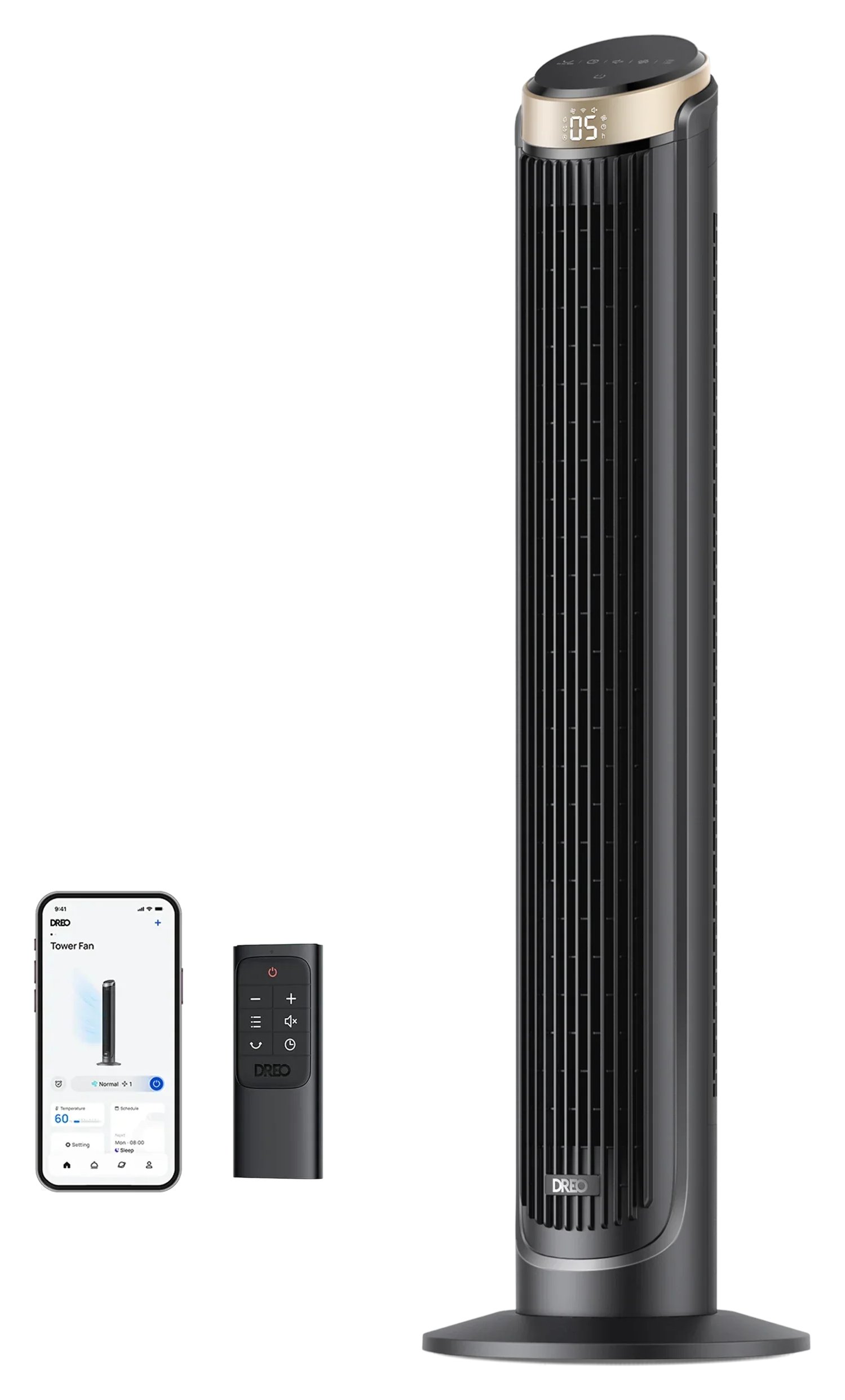 Dreo Cruiser Pro T3S smart tower fan in black with gold trim, next to the Dreo phone app and its remote