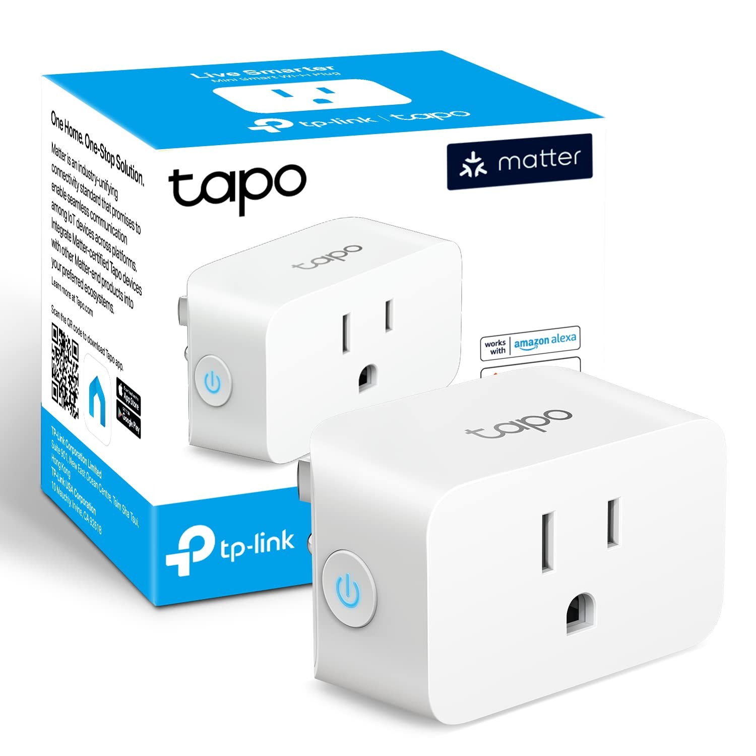 TP-Link Tapo P125M Matter smart plug next to its retail box with the Matter logo