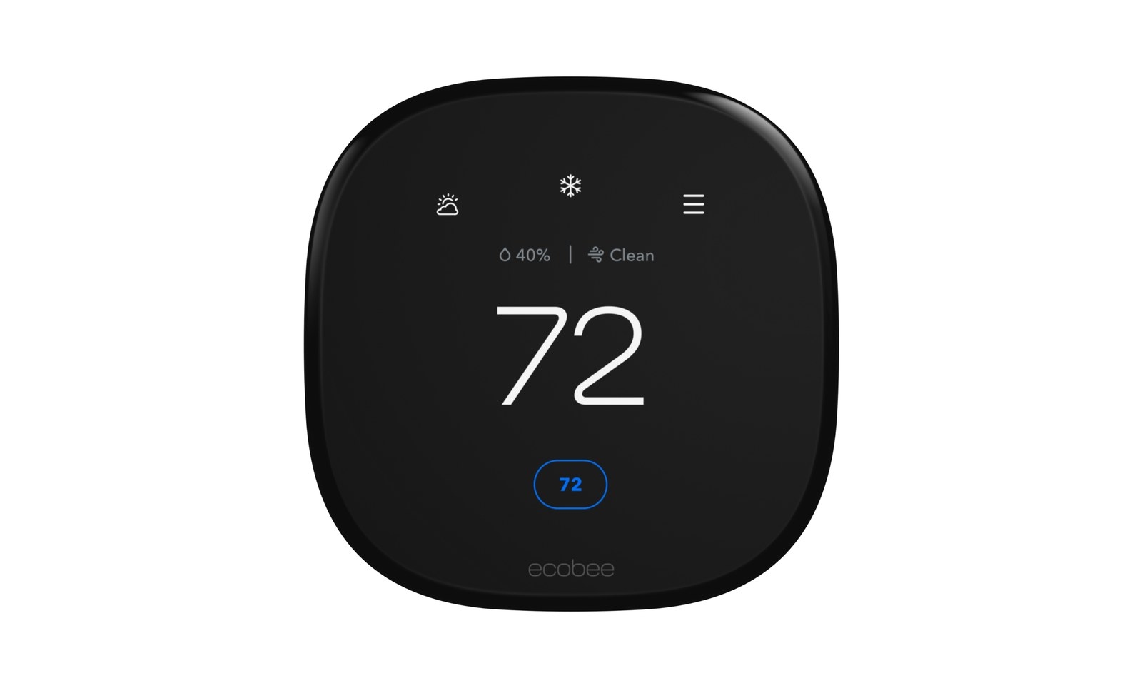 ecobee Smart Thermostat Premium showing 72 degrees with air quality reading