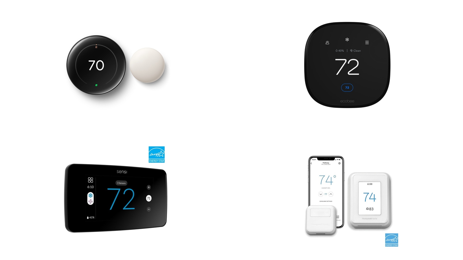 The four picks side by side: Nest Learning Thermostat 4th gen with its temperature sensor, ecobee Smart Thermostat Premium, Sensi Touch 2, and Honeywell Home T9 with its room sensor