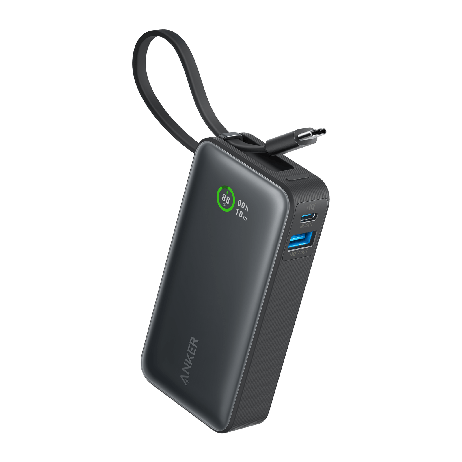 Anker Nano Power Bank in black with its built-in USB-C cable looped over the top and a small charge display on the front