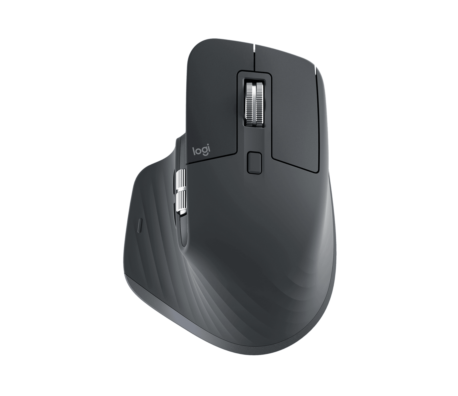 Logitech MX Master 3S mouse in graphite, top-down view showing the metal scroll wheel and thumb wheel