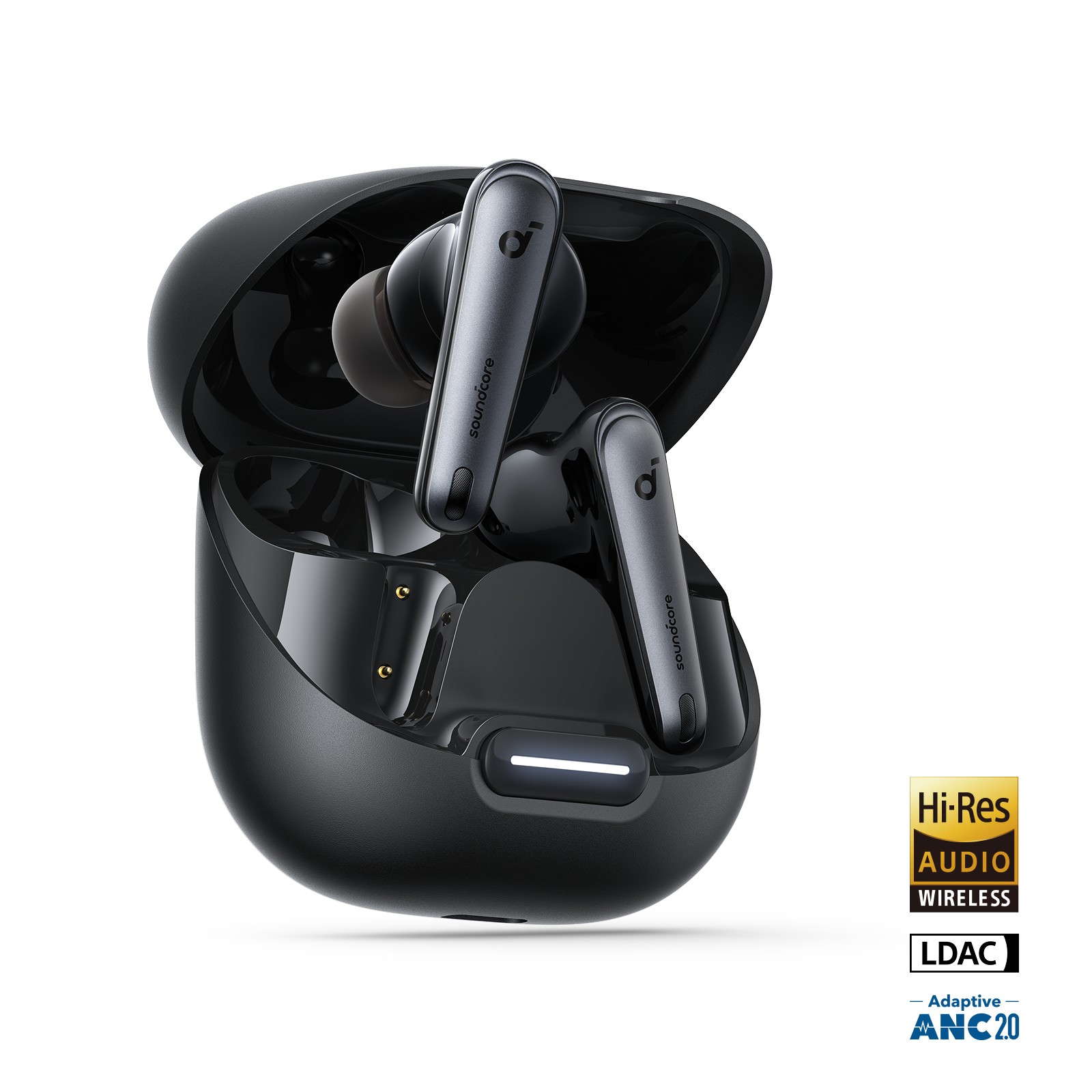 Soundcore Liberty 4 NC black earbuds standing in their open charging case