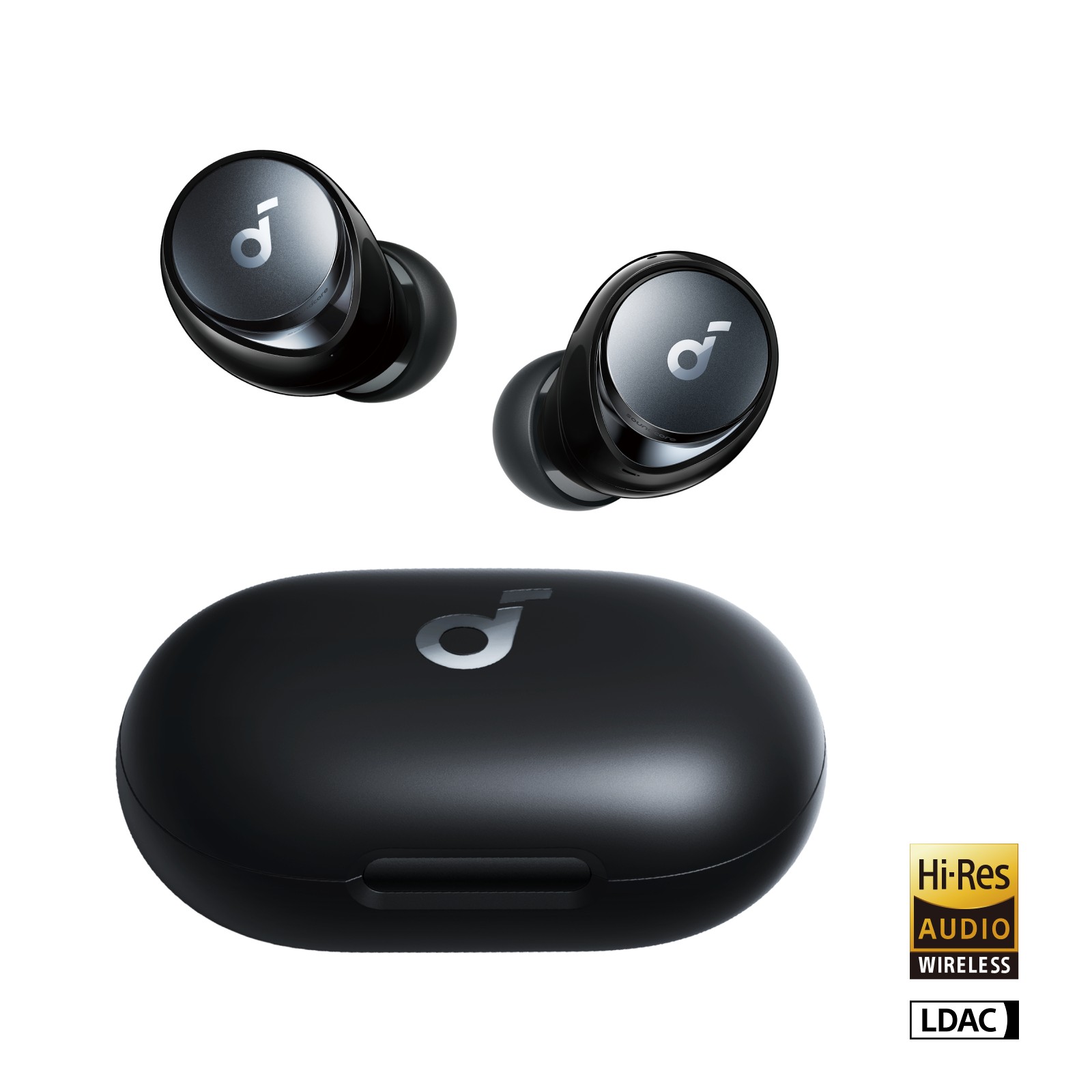 Soundcore Space A40 black earbuds floating above their closed charging case
