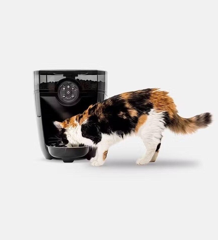 A calico cat eating from the black Whisker Feeder-Robot, a boxy feeder with a food hopper on top and a bowl at the bottom
