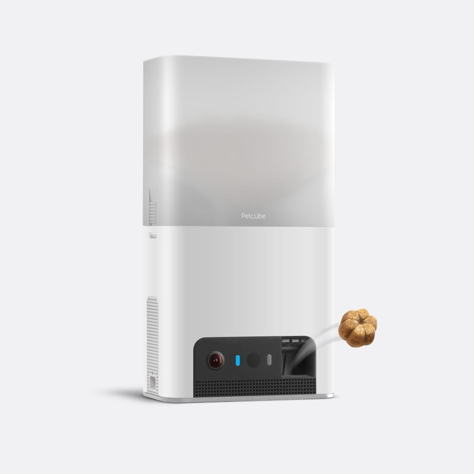 The white Petcube Bites 2 Lite camera, a tall box with a clear treat hopper on top and a camera on the front, launching a treat