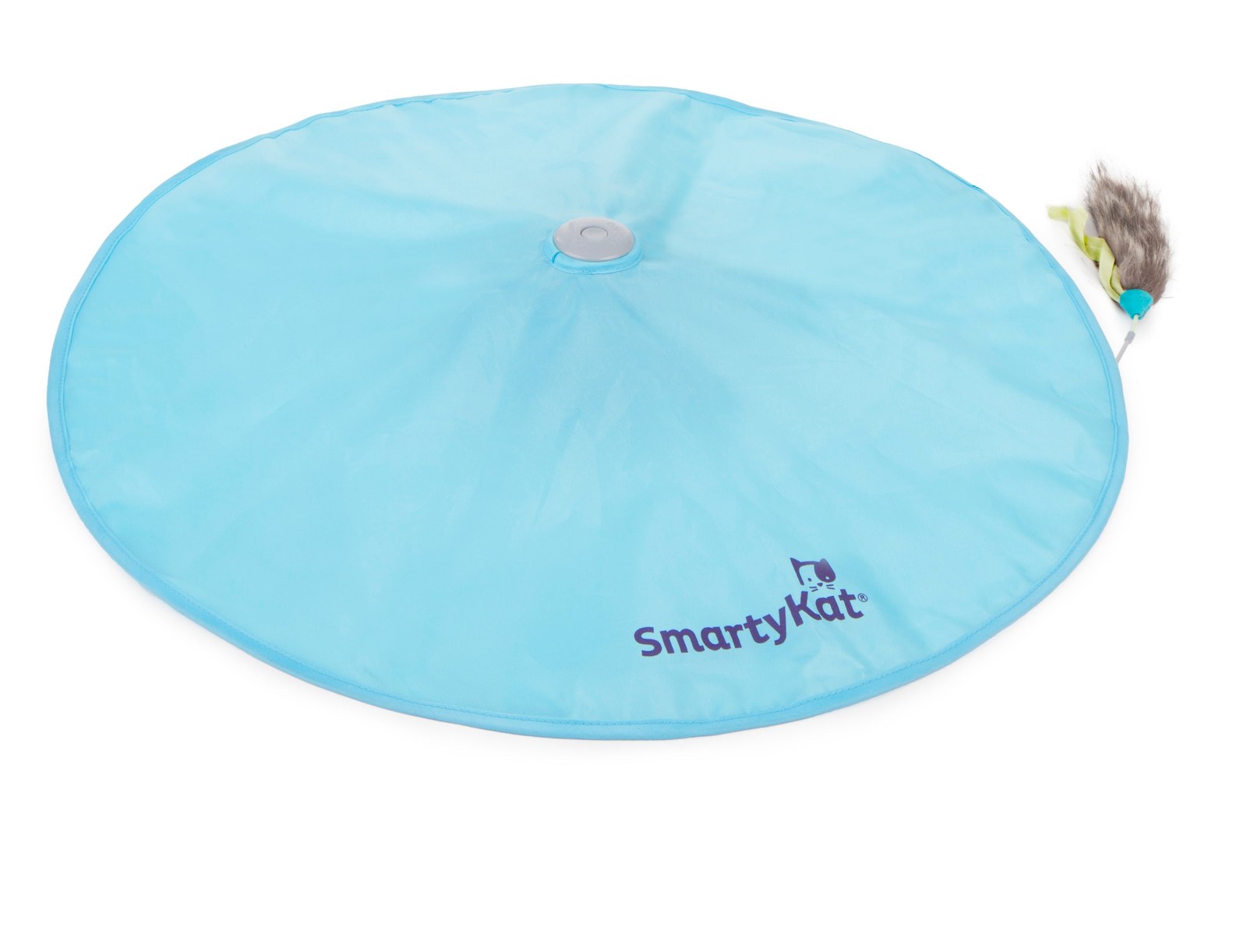 The SmartyKat Hot Pursuit toy: a round blue fabric cover with a feathered wand poking out from one edge