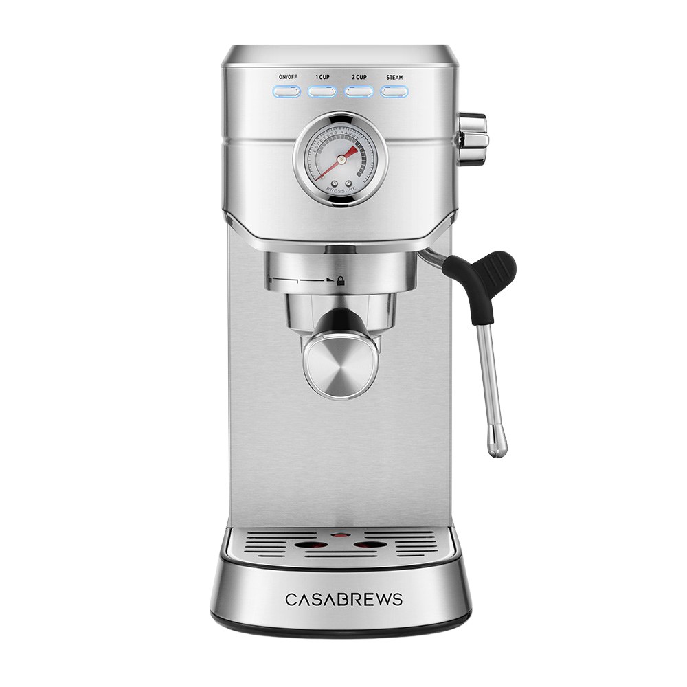 Casabrews CM5418, a slim stainless steel espresso machine with a pressure gauge and steam wand
