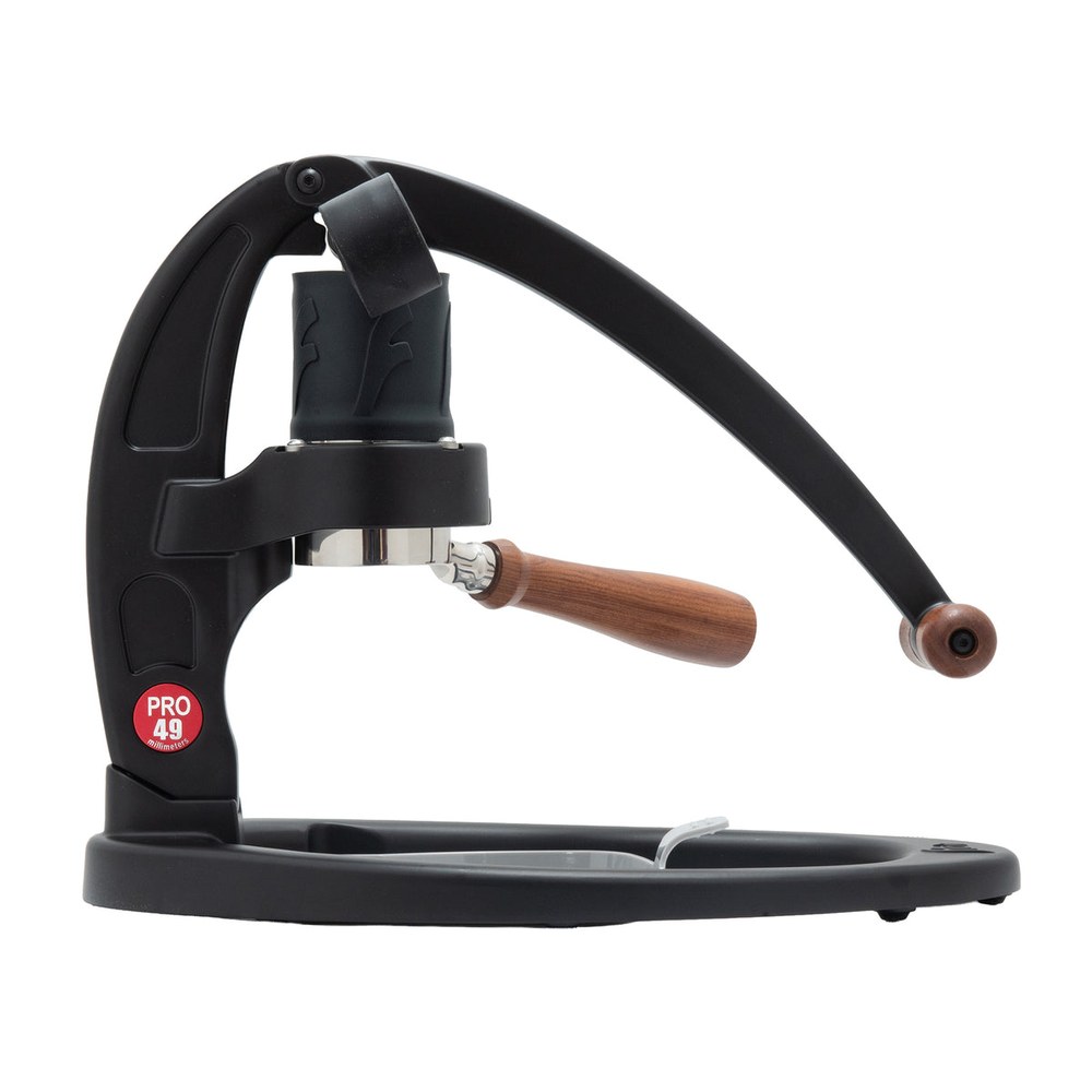 Flair 49 PRO, a black manual lever espresso press with a wooden handle portafilter