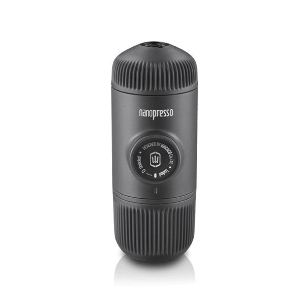 Wacaco Nanopresso, a small grey hand-pumped espresso maker shaped like a large thermos