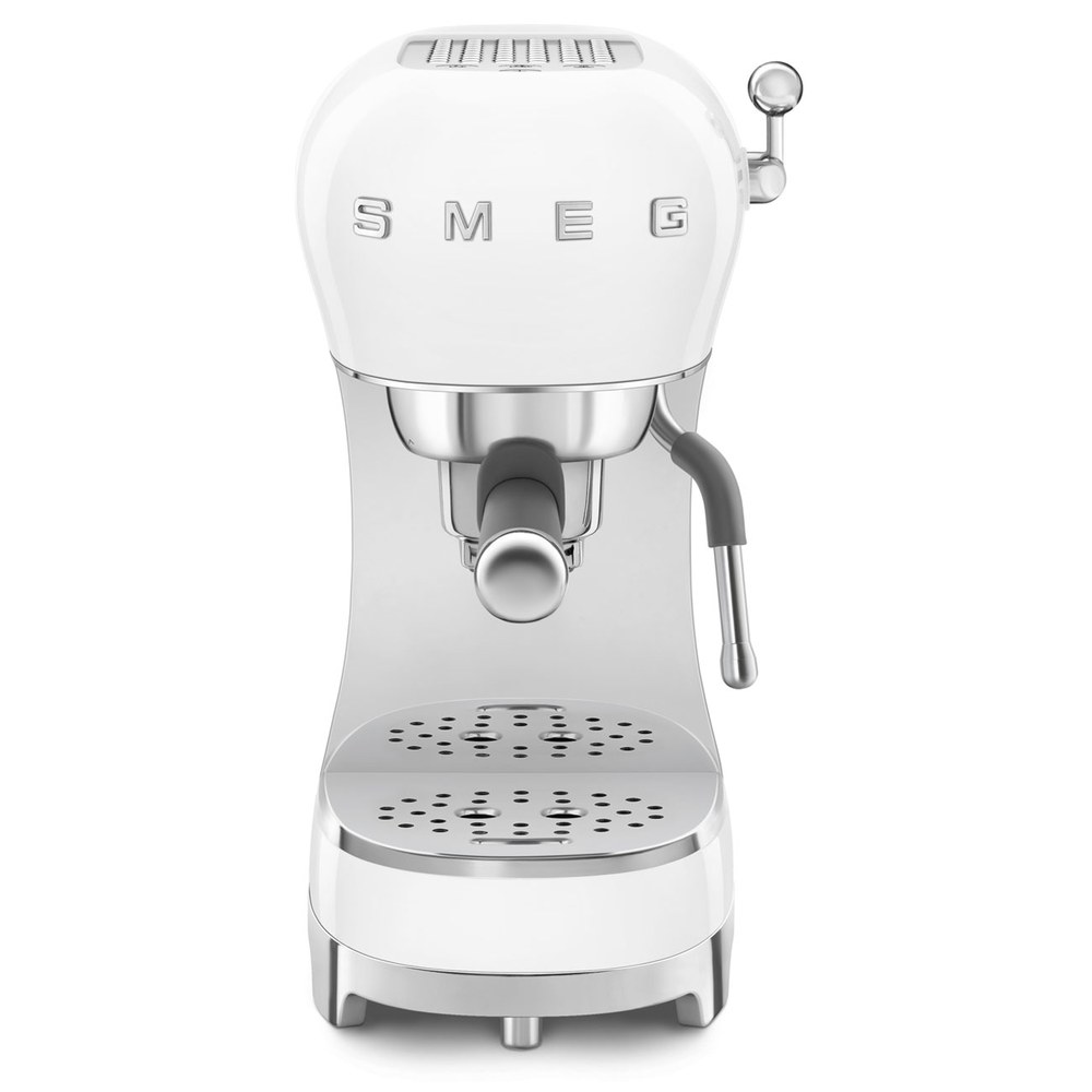 Smeg ECF02 espresso machine in white, with the brand's rounded retro styling and a chrome portafilter