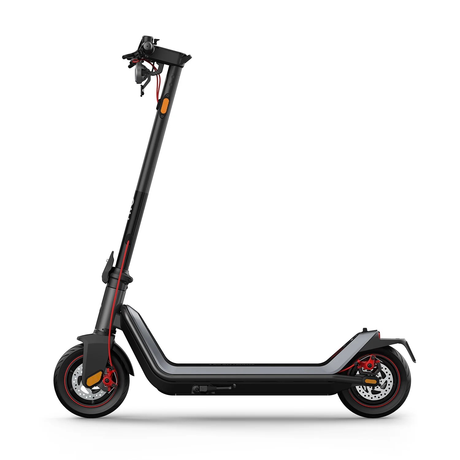 The NIU KQi3 Max electric scooter standing upright in gray and black