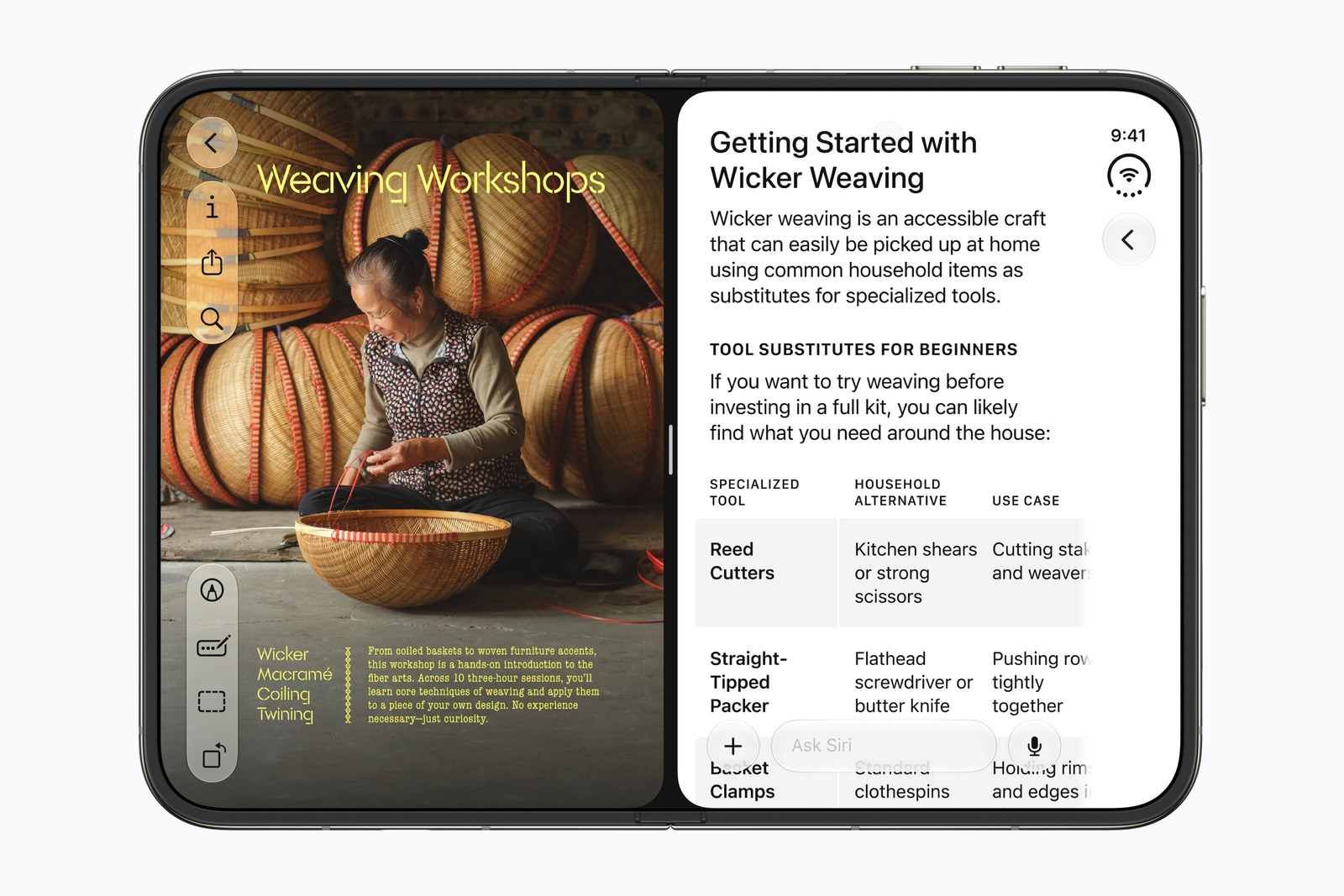 Two apps side by side on the iPhone Duo's open inner screen, a photo-heavy article on the left and Safari with a text article on the right