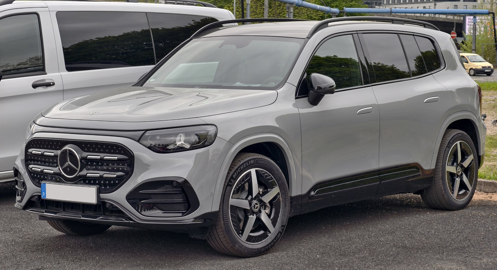 Grey Mercedes-Benz GLB 250+ with EQ Technology in AMG Line trim, front three-quarter view