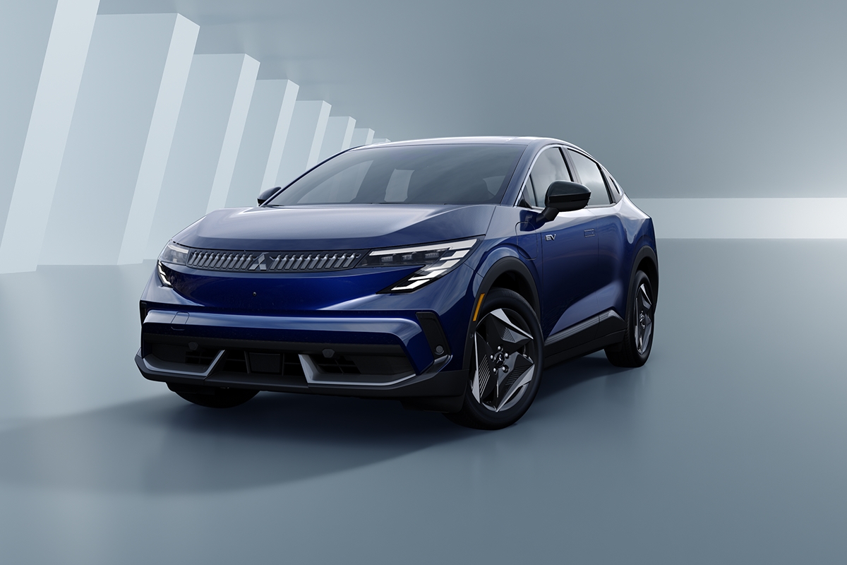Blue Mitsubishi Eclipse Sportback EV studio image, front three-quarter view