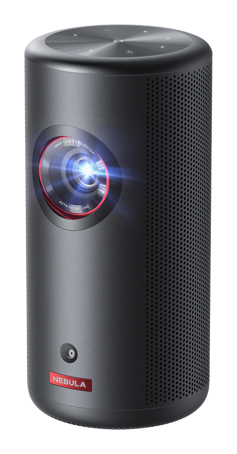 Anker Nebula Capsule 3 Laser portable projector, a dark grey can-shaped cylinder with a red-ringed laser lens and perforated speaker grille
