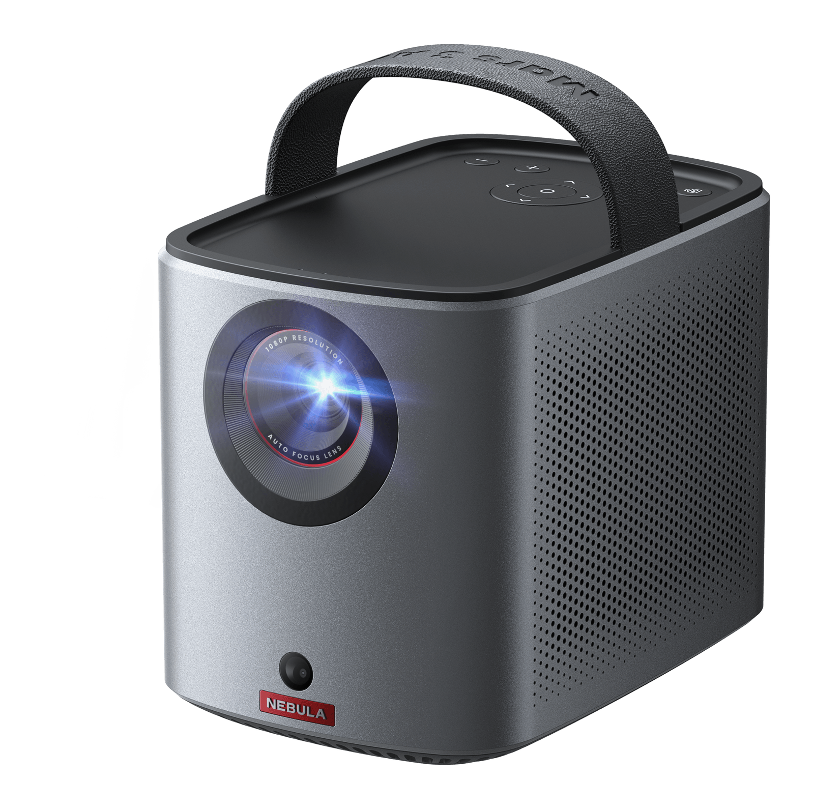 Anker Nebula Mars 3 Air portable projector, a compact silver box with a black leather carry strap and a large autofocus lens on the front