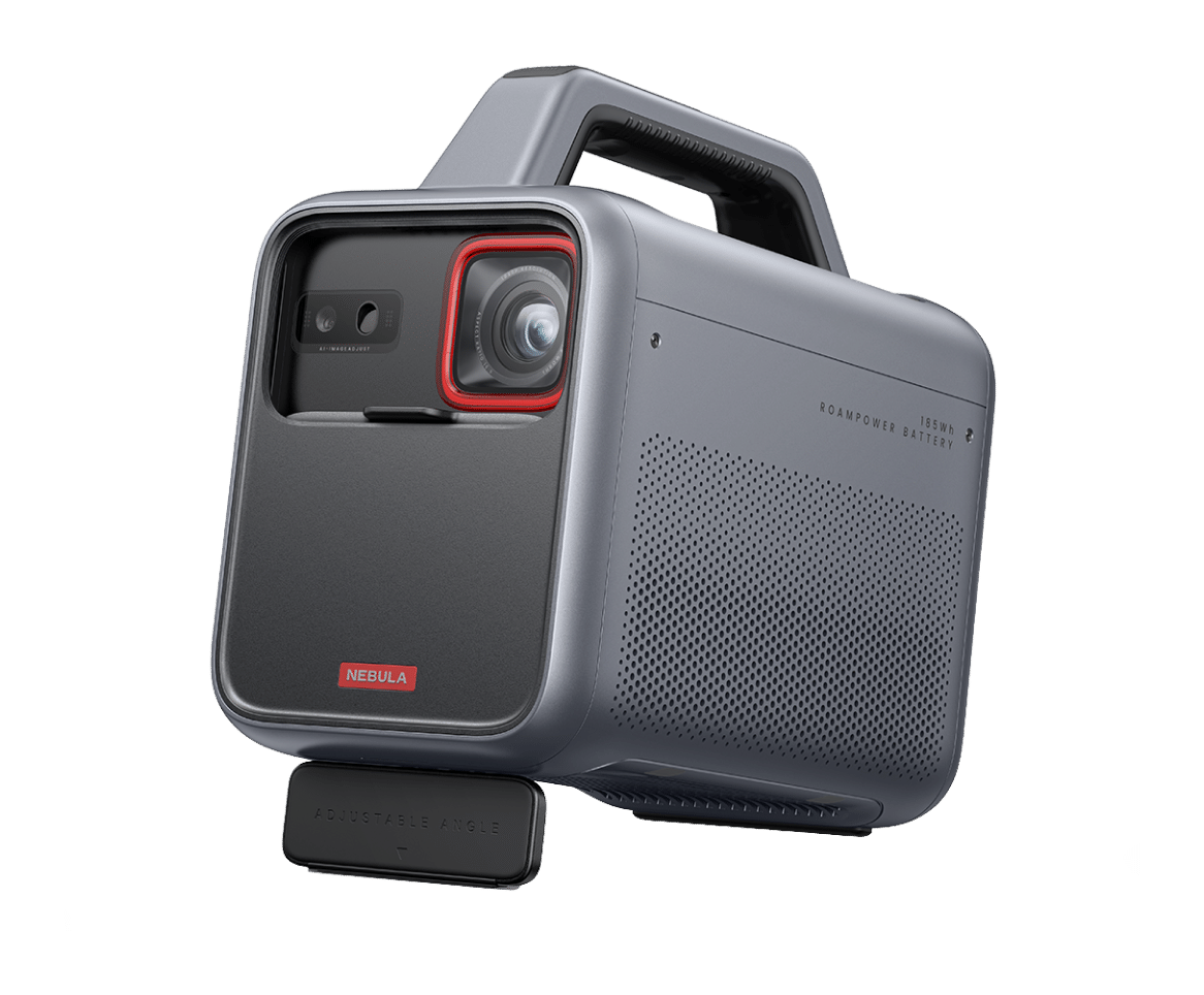 Anker Nebula Mars 3 portable projector, a grey rugged box with a carry handle, adjustable-angle foot and the 185Wh RoamPower battery labelling on its side