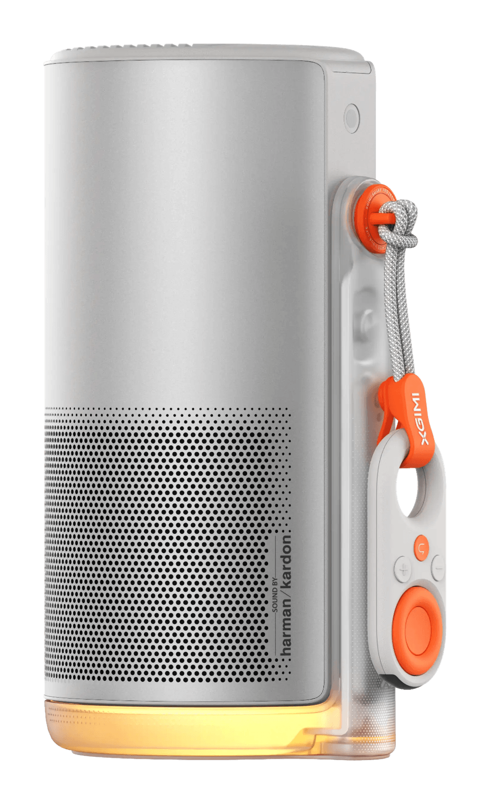 XGIMI MoGo 4 portable projector, a silver thermos-shaped cylinder with a Harman Kardon speaker grille, orange lanyard toggle and glowing amber base