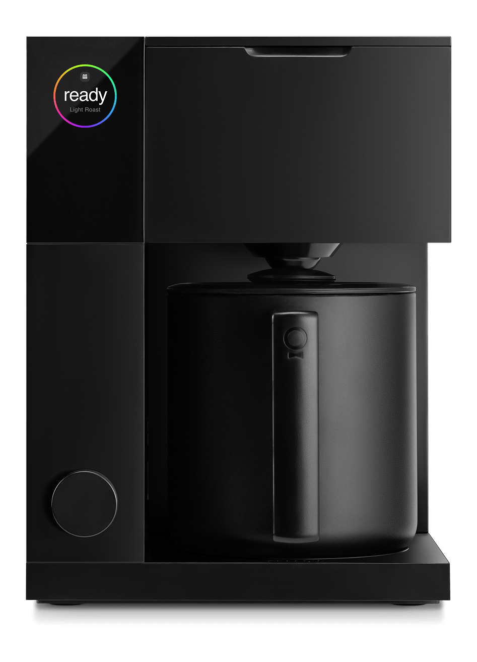 Fellow Aiden precision coffee maker in matte black, a square minimalist machine with a small round display reading ready