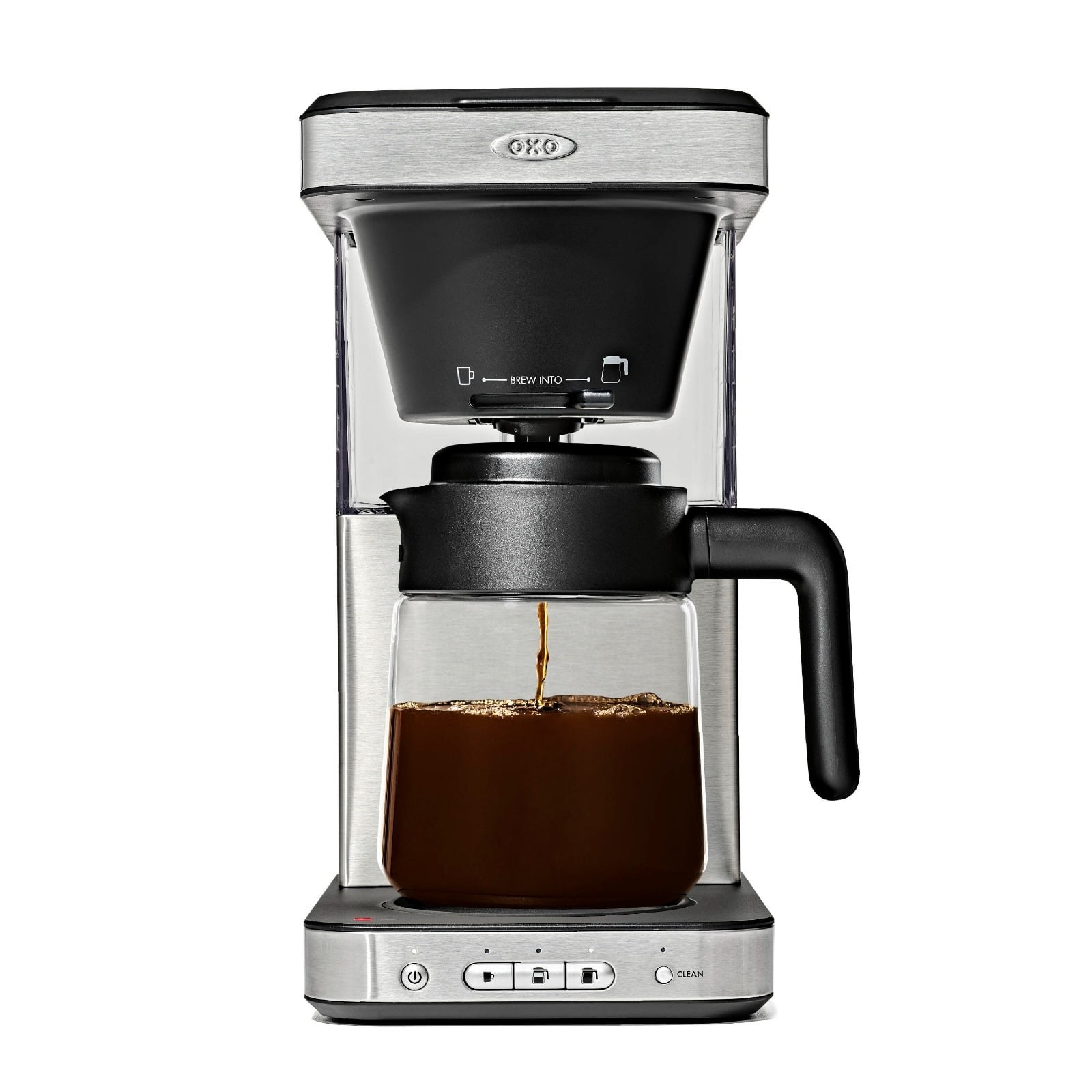 OXO Brew 8-Cup coffee maker in stainless and black, brewing into its glass carafe