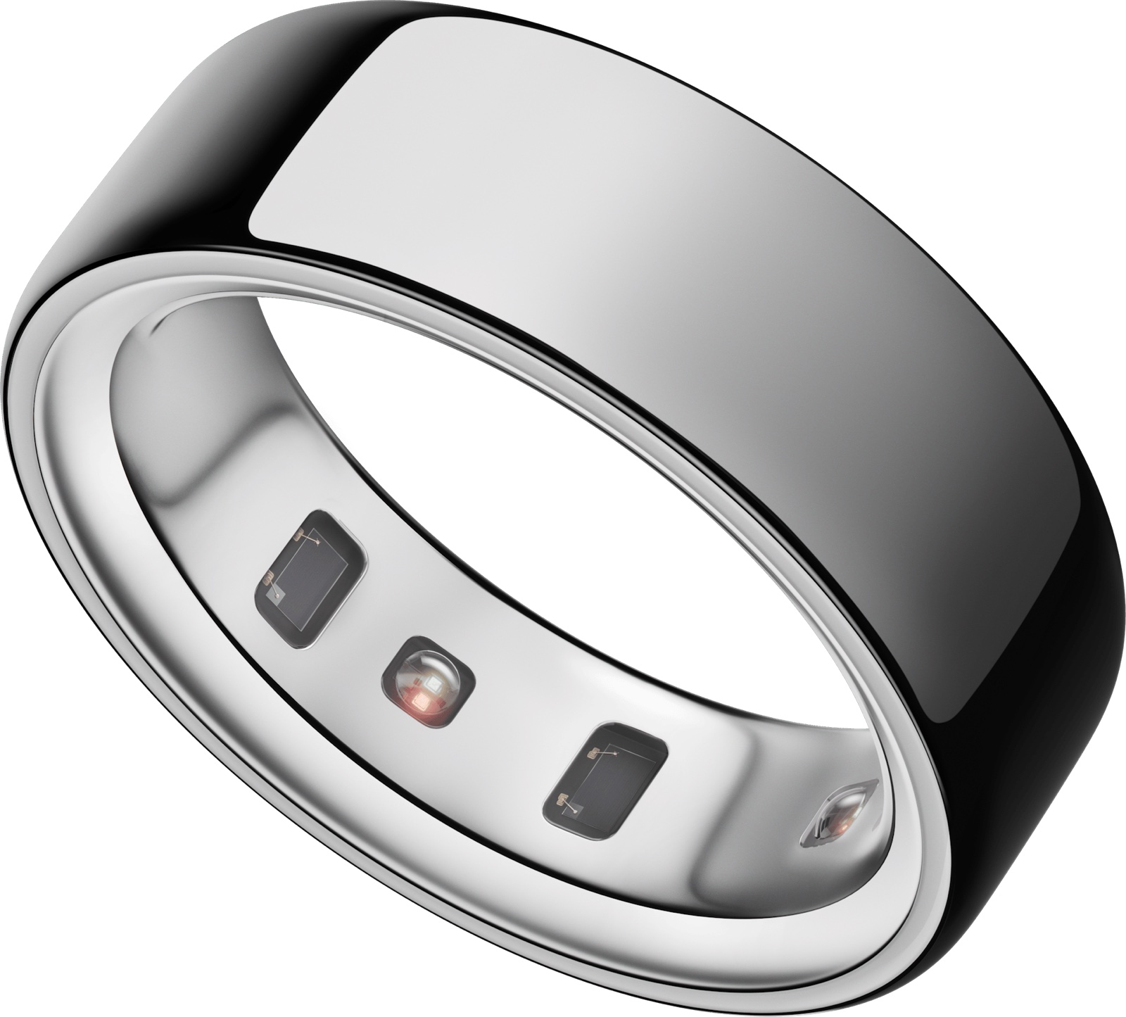 An Oura Ring 4 in silver at an angle showing the recessed sensors on its inner titanium surface