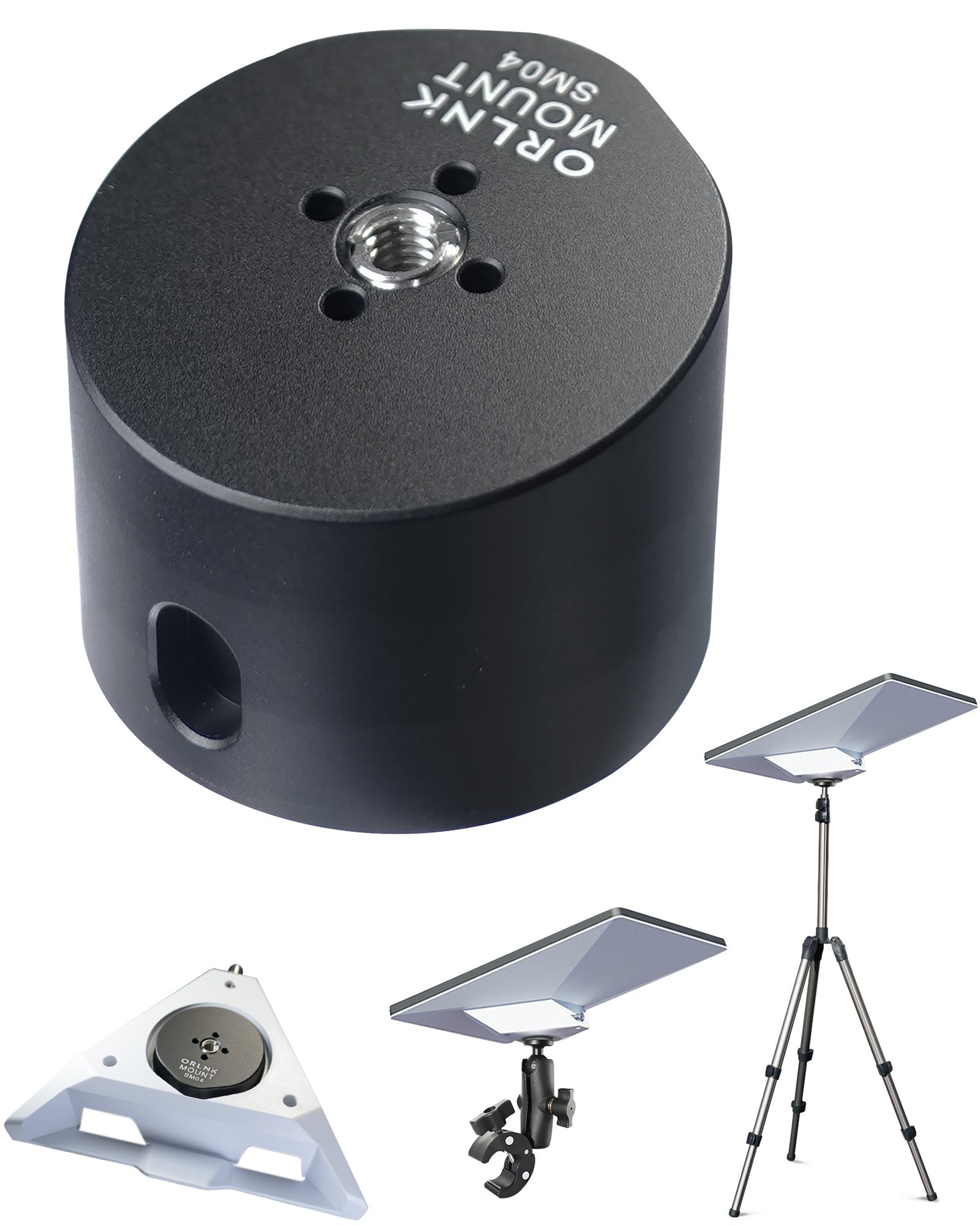 The ORLNK SM04 adapter, a black aluminum puck with a threaded hole, shown fitted to the Starlink Mini pipe adapter and holding a dish on a camera tripod