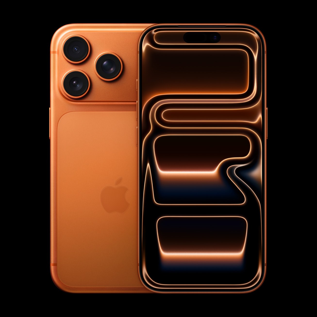 The iPhone 17 Pro in Cosmic Orange, front and back, from Apple's press images