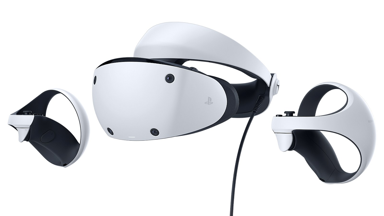 Sony PlayStation VR2 white headset with its cable and the two orb-shaped PS VR2 Sense controllers
