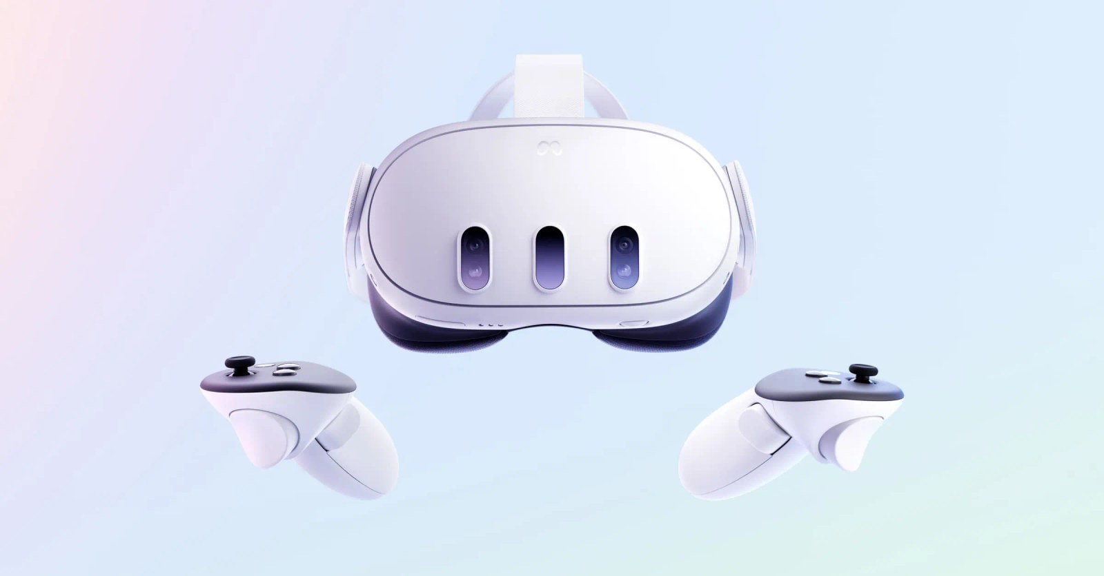 Meta Quest 3 white headset seen from the front, with its three front sensors, and two Touch Plus controllers