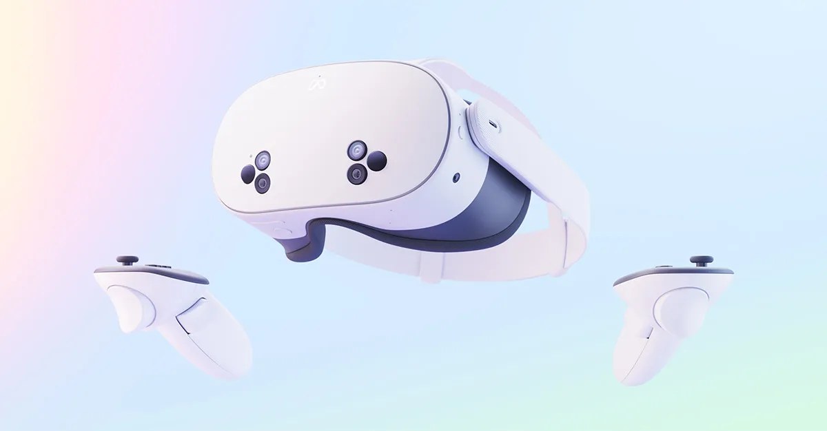 Meta Quest 3S white headset with its two Touch Plus controllers on a pastel background
