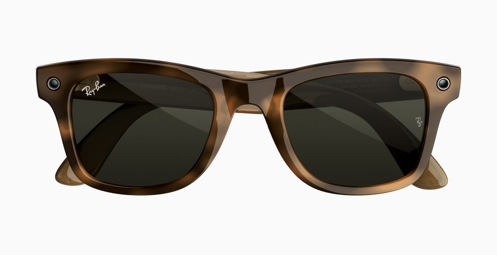 Ray-Ban Meta (Gen 3) Wayfarer in a havana tortoiseshell frame with green lenses, seen from the front with its two small corner lenses for the camera and light