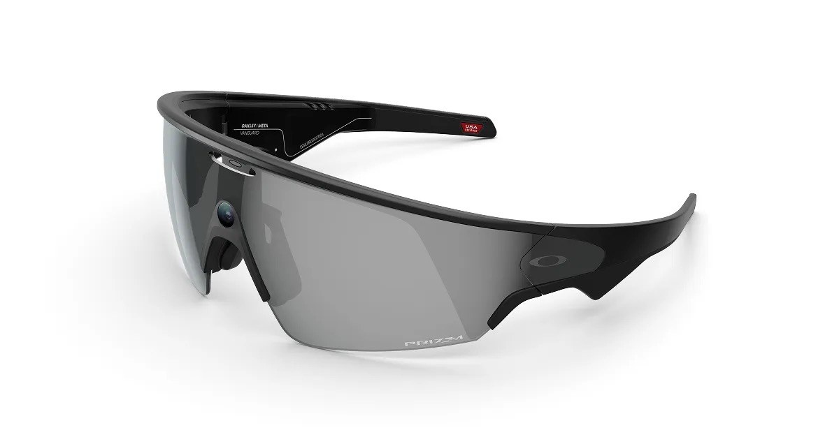 Oakley Meta Vanguard wraparound sport glasses in black with a single grey Prizm shield lens and a camera at the center of the frame